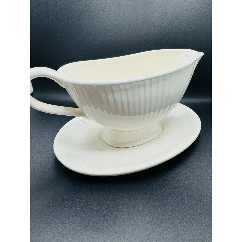 Vintage White Ceramic Gravy Boat Set w/ Underplate, Japan, Glossy Oval, Handles